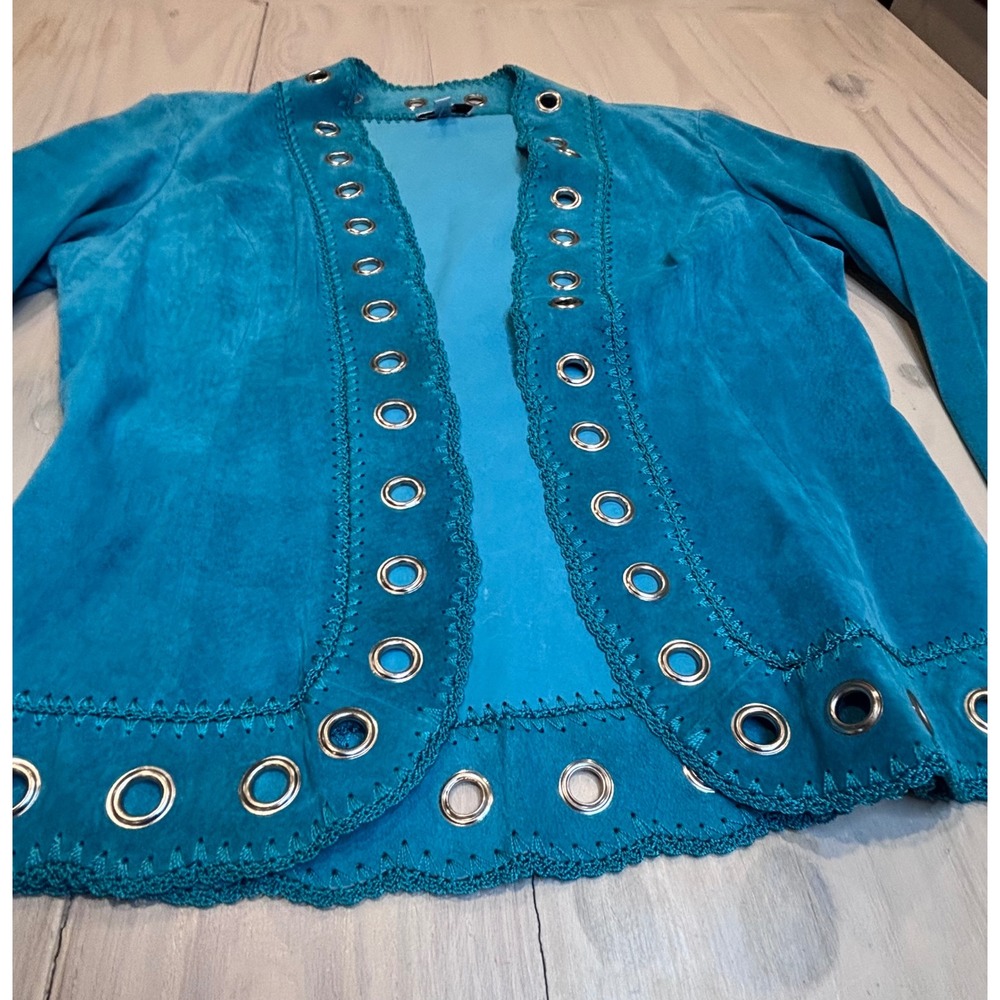Cache Turquoise Blue Genuine Suede Leather Grommet Crochet Trim Jacket Medium - Picture 15 of 16